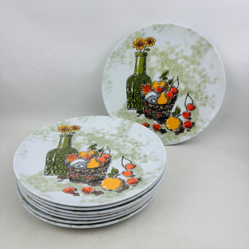 Vintage Texas Ware Fruit and Bottle Dinner Plate Set of‎ 7 Melamine Green White